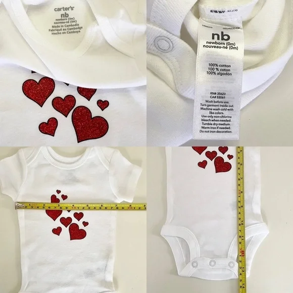 Carter’s Newborn Baby Handmade Hearts Graphic White One-Piece with Snaps - Picture 6 of 13